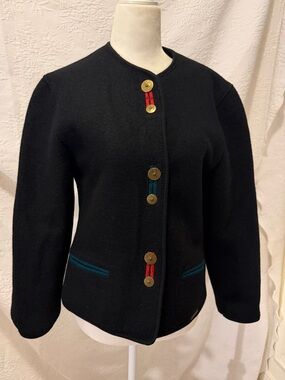 VTG Giesswein Austria Pure New Wool Boiled Wool Jacket Floral Lined EU 36 Black
